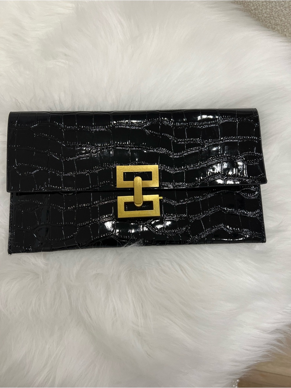 NWOT Black Croc-Embossed Patent Leather Clutch with Gold Turn-Lock